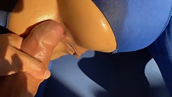 Stepsister Enjoys Oiled Butt Riding On Top Of A Big Cock During Yoga Session, Resulting In A Cumshot On Her Breasts